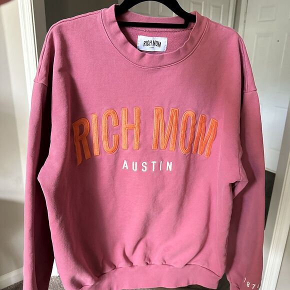 Austin Crewneck Rich Mom Gear Sweatshirt SZ L Pink Orange Pullover Sweater - Picture 4 of 7